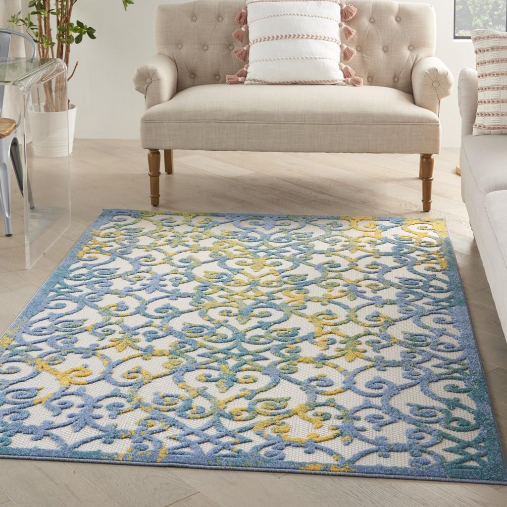 4’ x 6’ Ivory and Blue Indoor Outdoor Area Rug