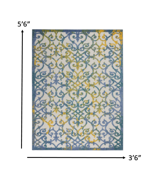 4’ x 6’ Ivory and Blue Indoor Outdoor Area Rug