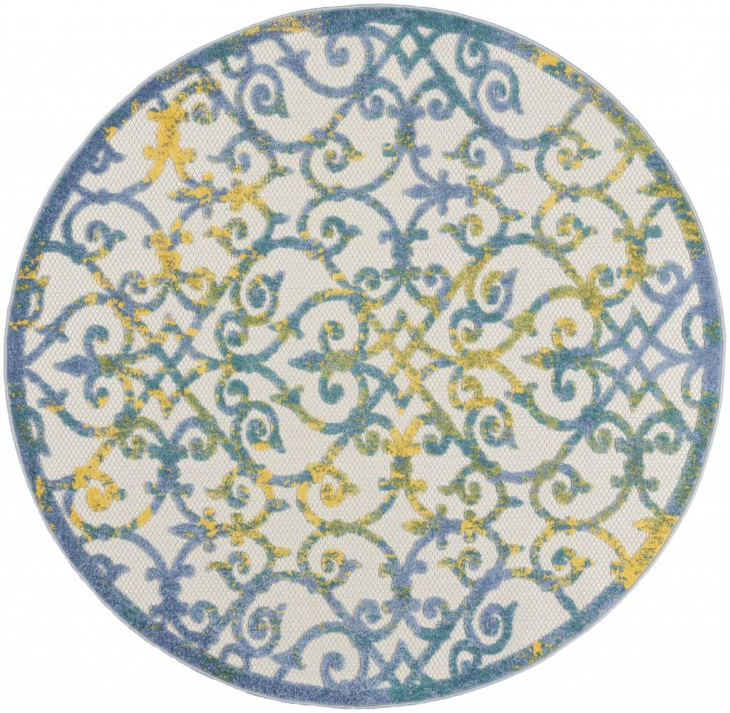 4’ Round Ivory and Blue Indoor Outdoor Area Rug