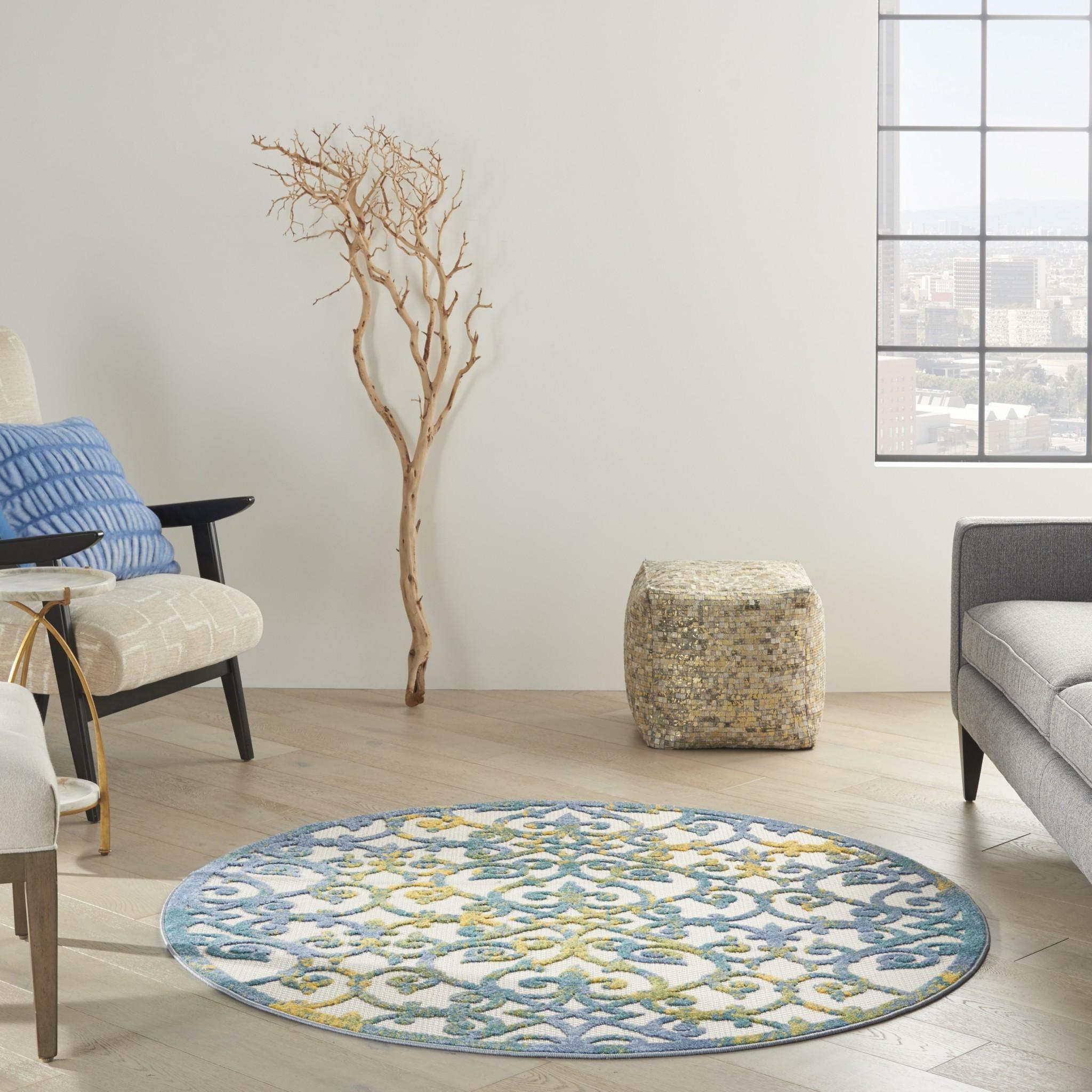 4’ Round Ivory and Blue Indoor Outdoor Area Rug