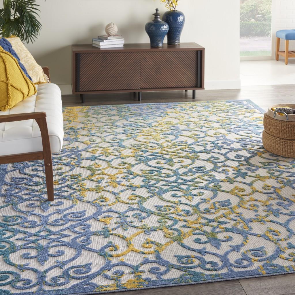 7’ x 10’ Ivory and Blue Indoor Outdoor Area Rug