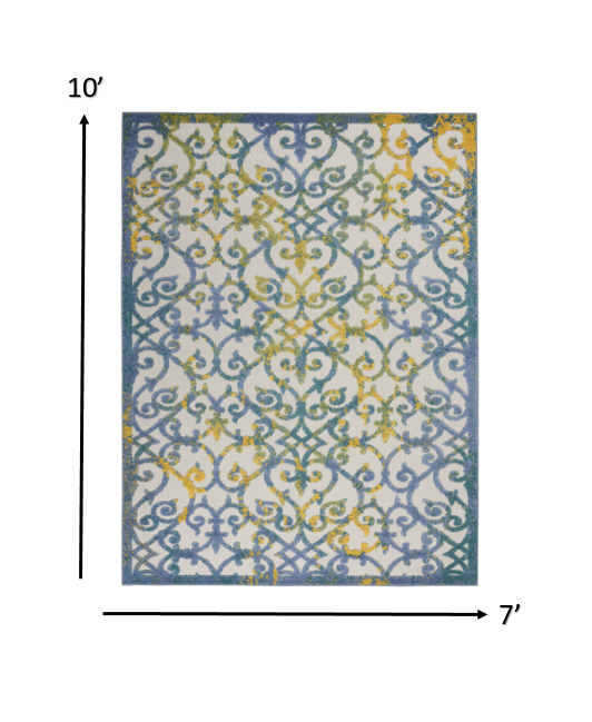 7’ x 10’ Ivory and Blue Indoor Outdoor Area Rug