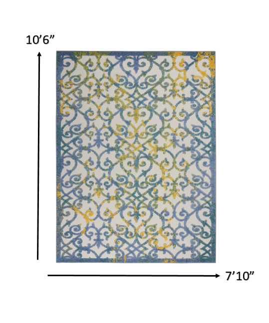 8’ x 11’ Ivory and Blue Indoor Outdoor Area Rug