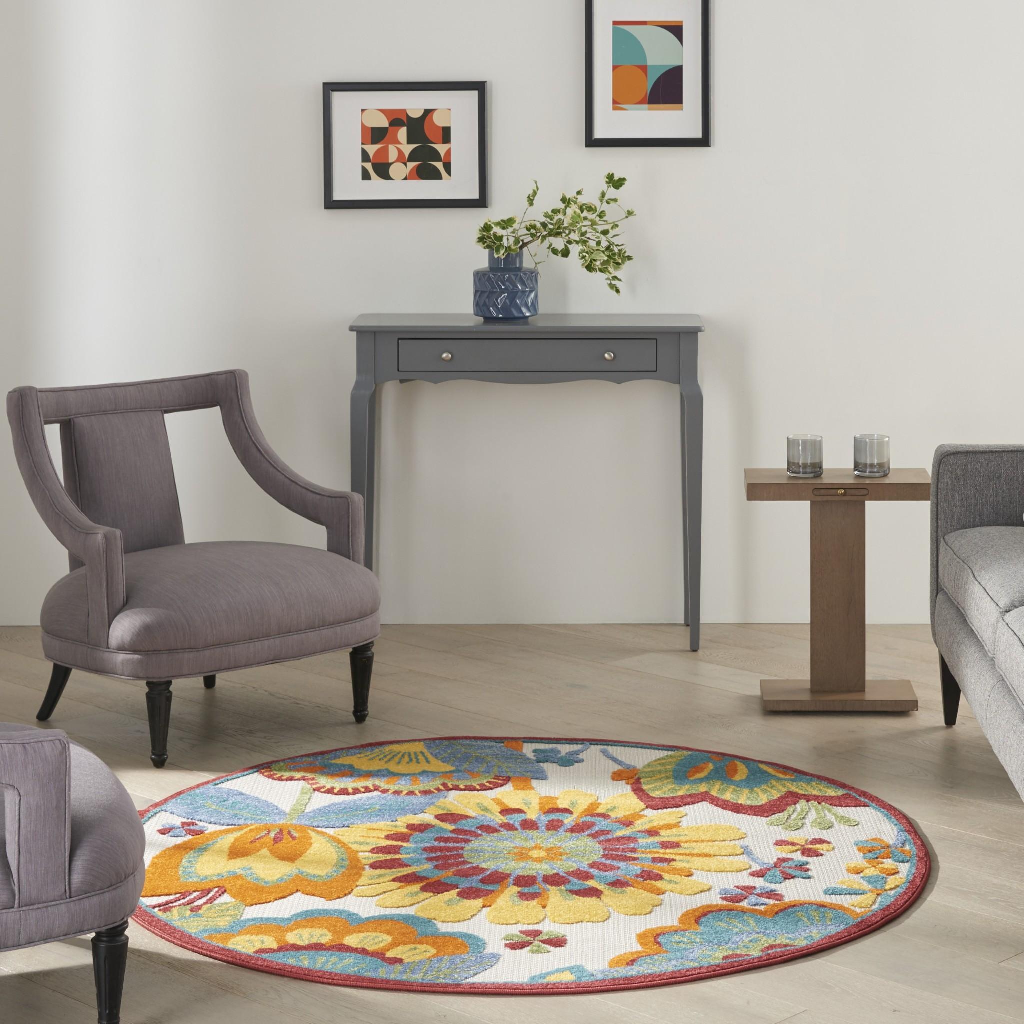 4’ Round Yellow and Ivory Indoor Outdoor Area Rug