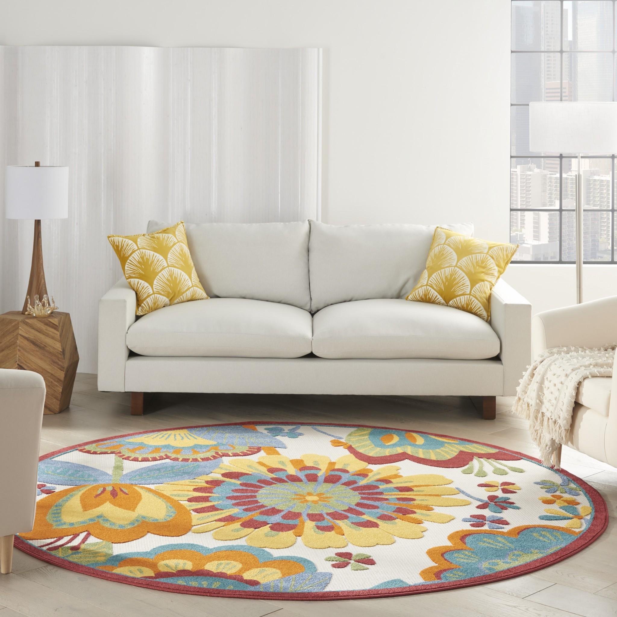 8’ Round Yellow and Ivory Indoor Outdoor Area Rug