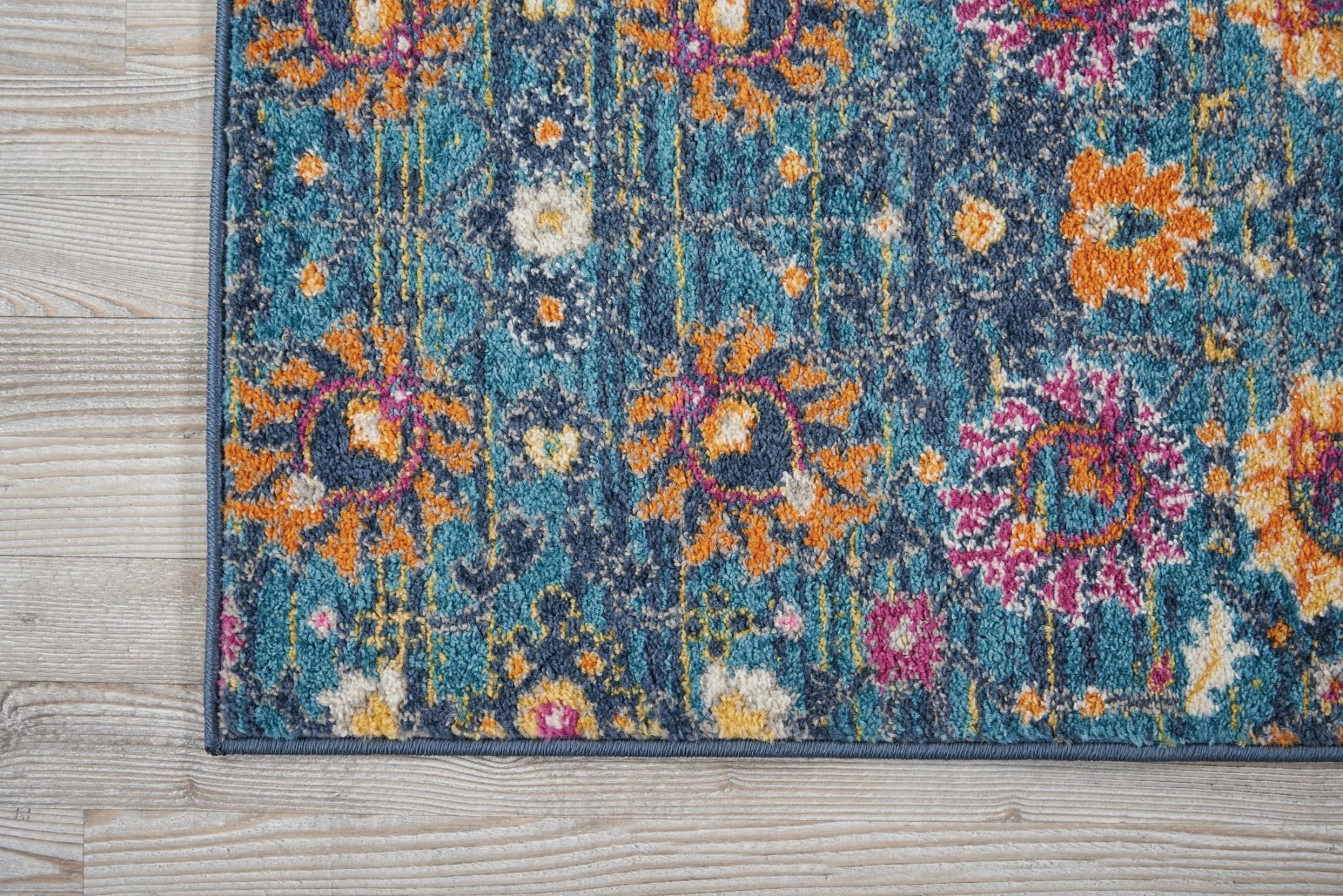 2' x 6’ Denim Blue Florals Distressed Runner Rug