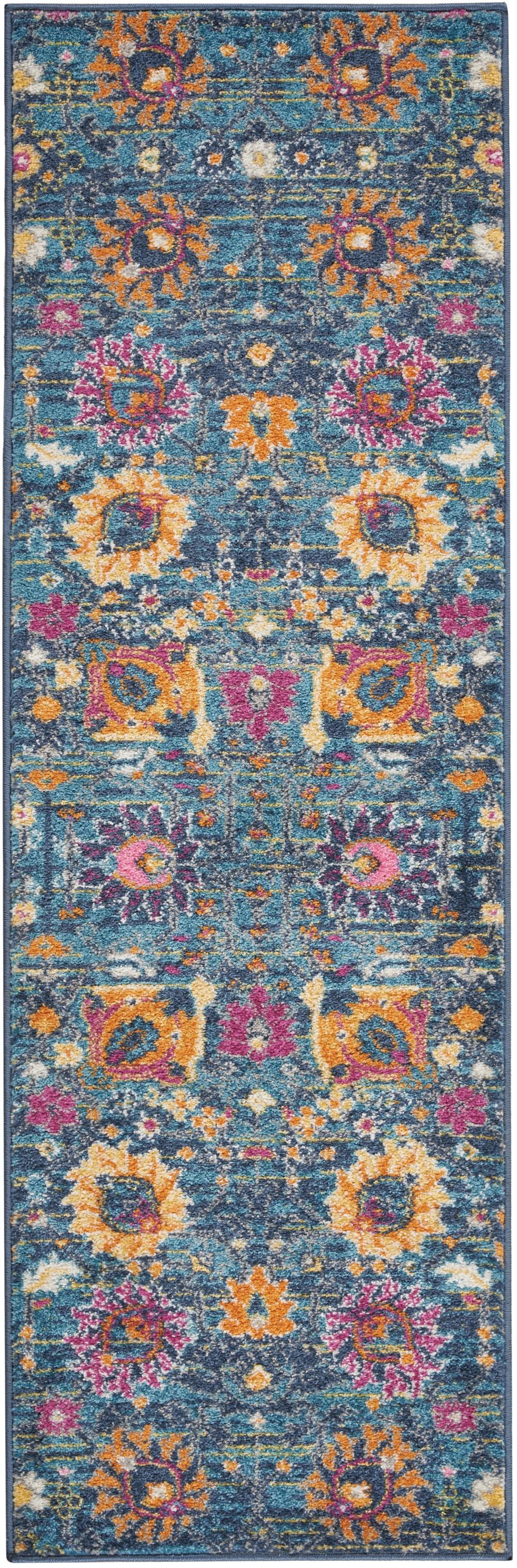 2' x 6’ Denim Blue Florals Distressed Runner Rug