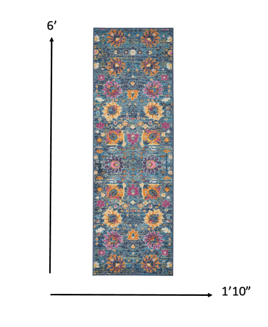 2' x 6’ Denim Blue Florals Distressed Runner Rug