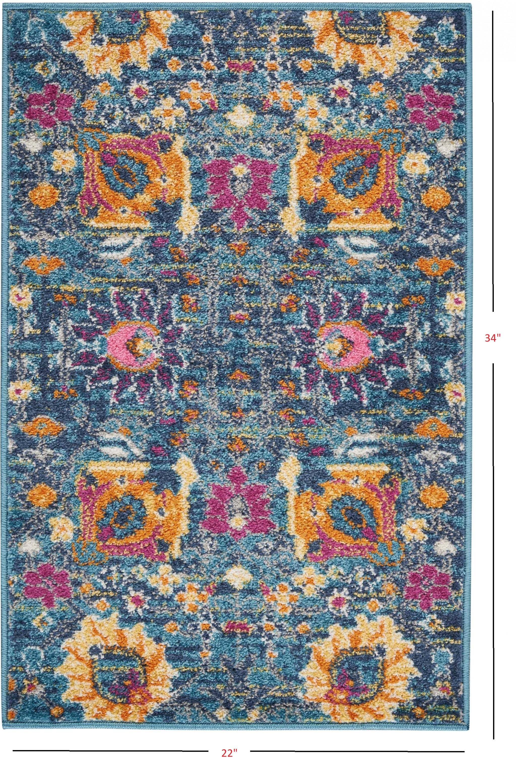 2’ x 3’ Denim Blue Florals Distressed Scatter Rug
