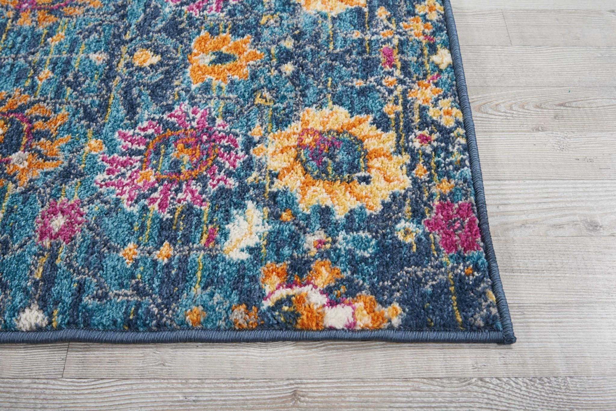 2’ x 8’ Denim Blue Florals Distressed Runner Rug