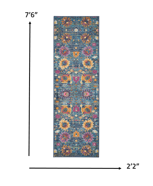 2’ x 8’ Denim Blue Florals Distressed Runner Rug