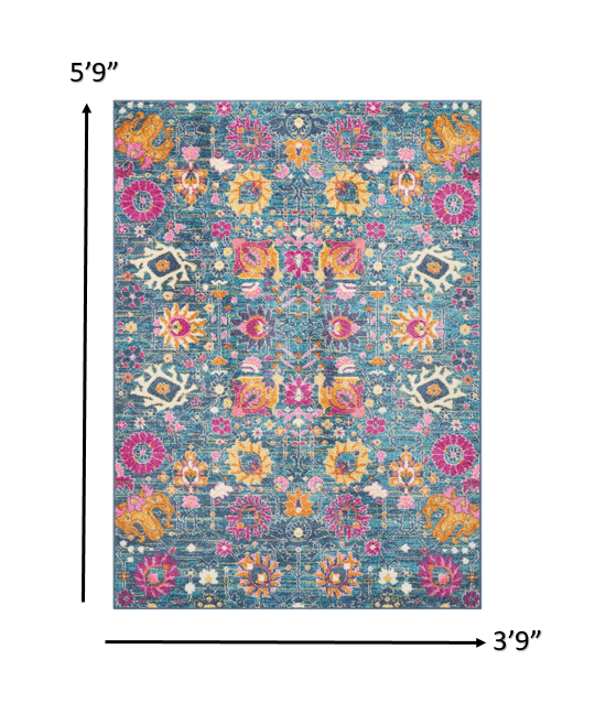 4’ x 6’ Denim Blue Florals Distressed Area Rug