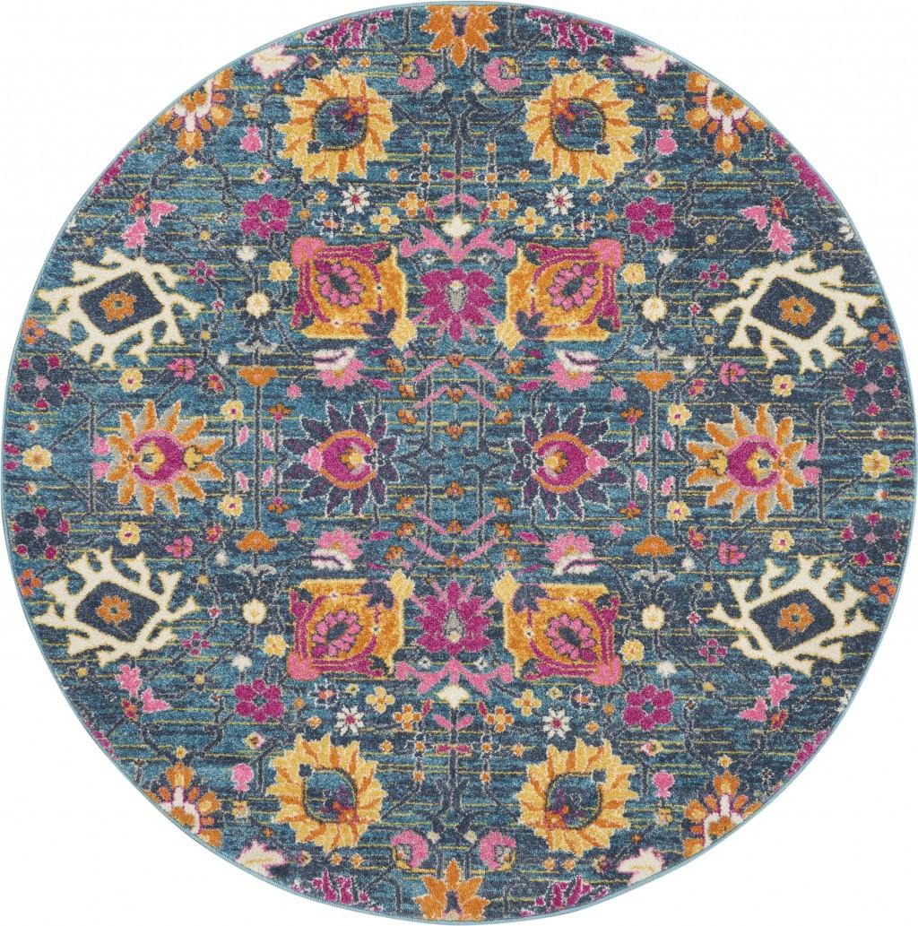 4’ Round Denim Blue Florals Distressed Area Rug Default Title