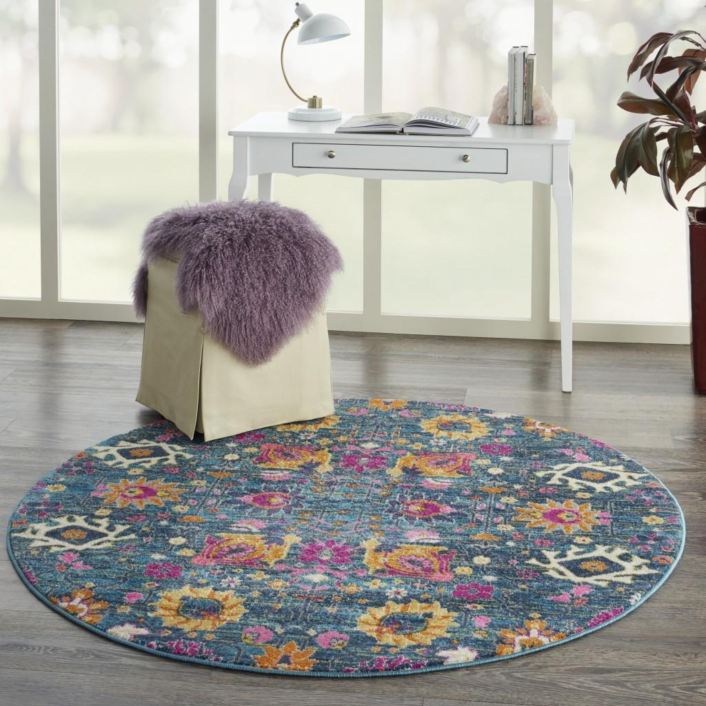4’ Round Denim Blue Florals Distressed Area Rug