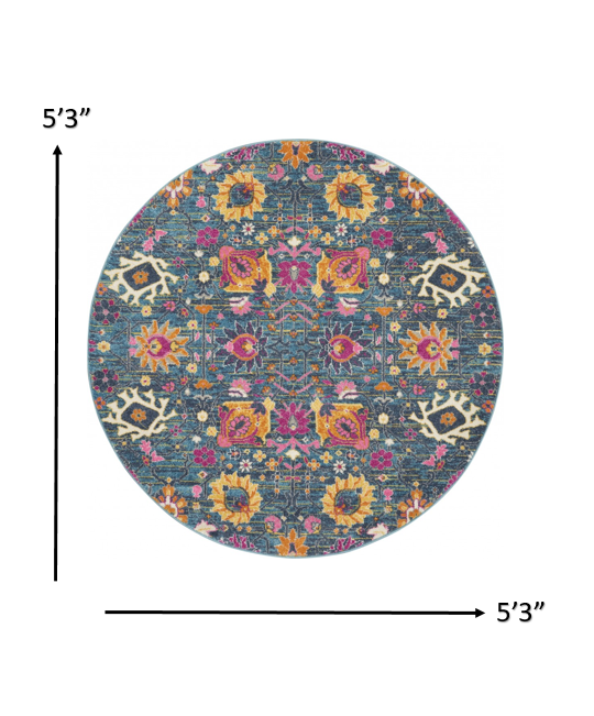 5’ Round Denim Blue Florals Distressed Area Rug