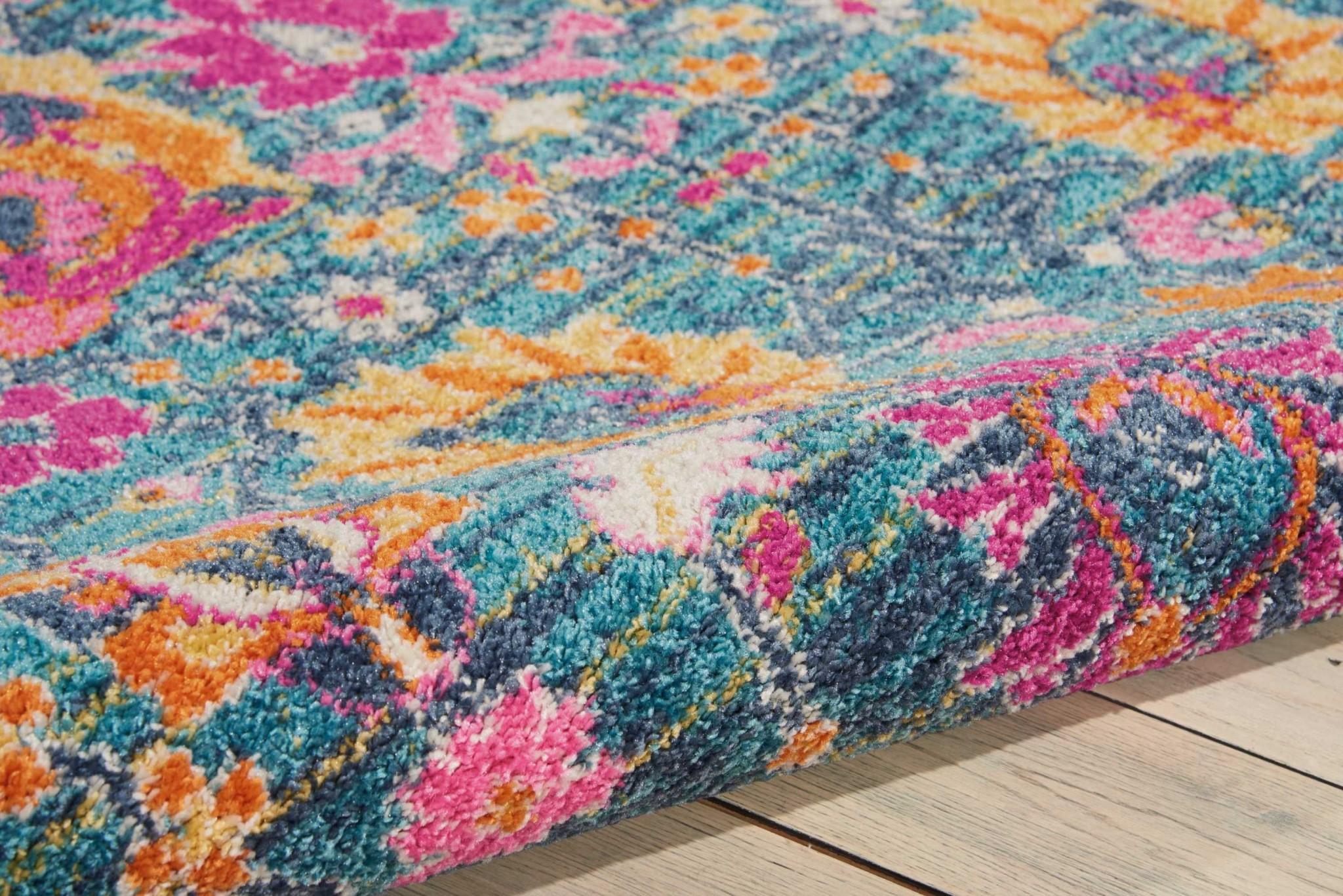 7’ x 10’ Denim Blue Florals Distressed Area Rug