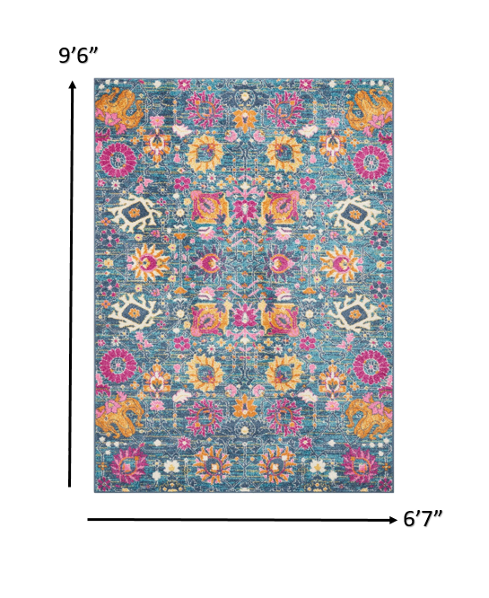 7’ x 10’ Denim Blue Florals Distressed Area Rug