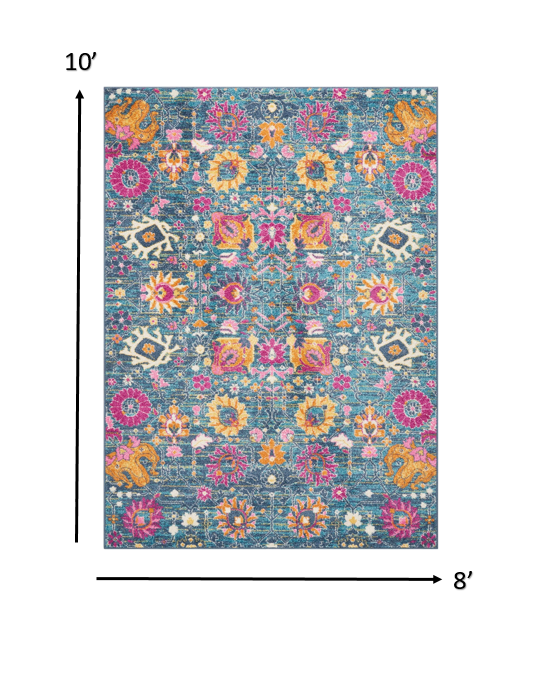 8’ x 10’ Denim Blue Florals Distressed Area Rug