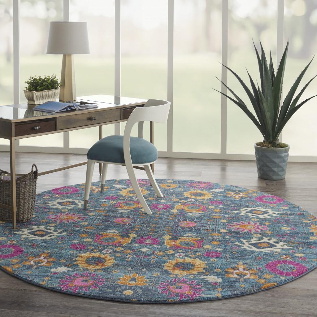 8’ Round Denim Blue Florals Distressed Area Rug Default Title