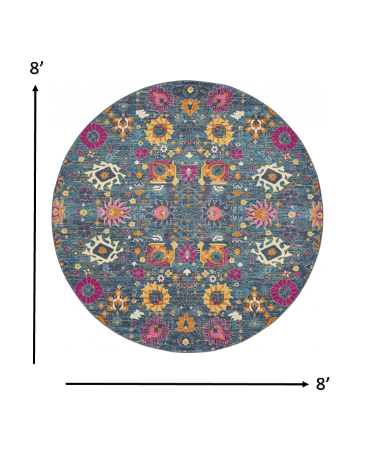 8’ Round Denim Blue Florals Distressed Area Rug