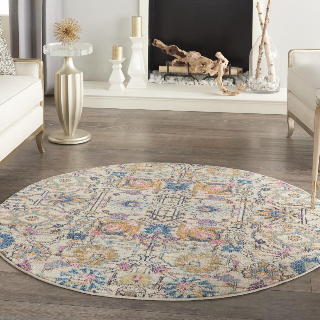 4’ Round Ivory and Multicolor Floral Buds Area Rug Default Title