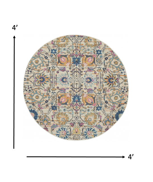 4’ Round Ivory and Multicolor Floral Buds Area Rug Default Title