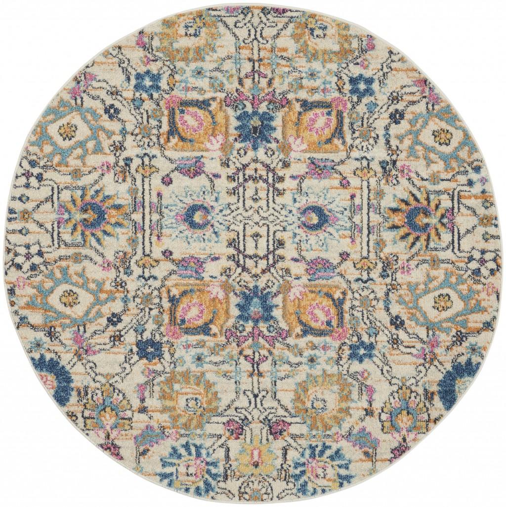 5’ Round Ivory and Multicolor Floral Buds Area Rug Default Title