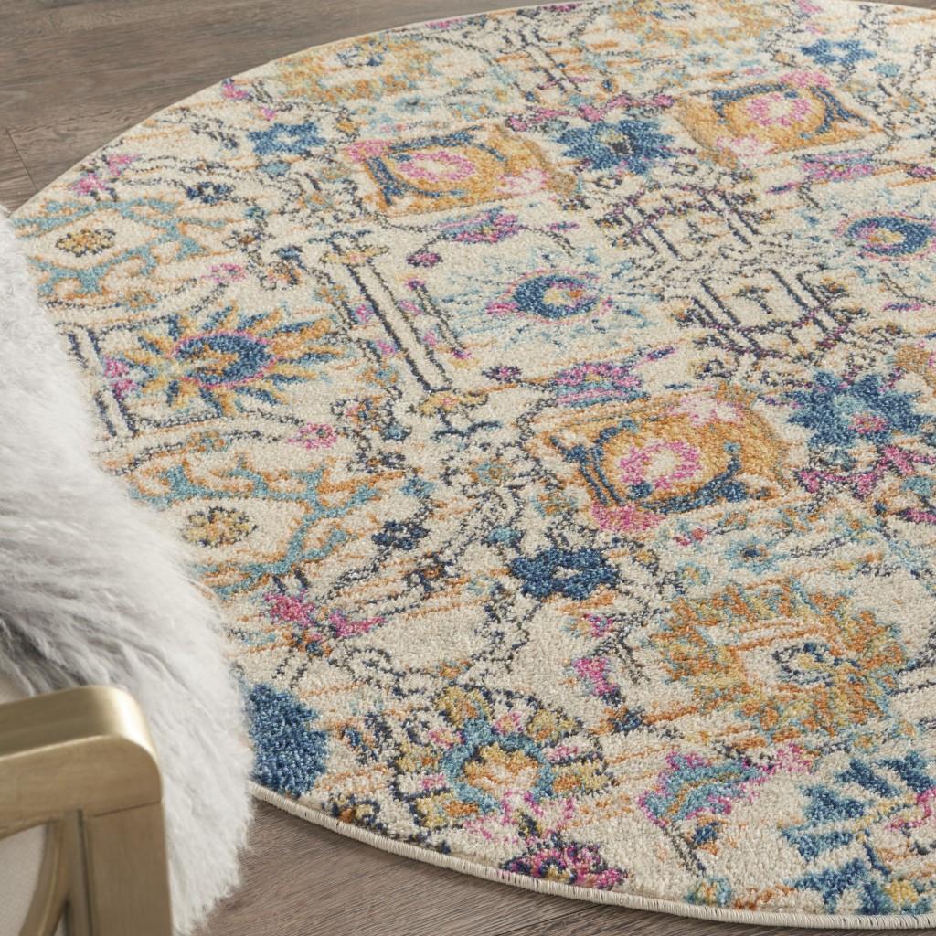 5’ Round Ivory and Multicolor Floral Buds Area Rug Default Title