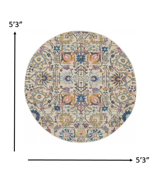 5’ Round Ivory and Multicolor Floral Buds Area Rug Default Title