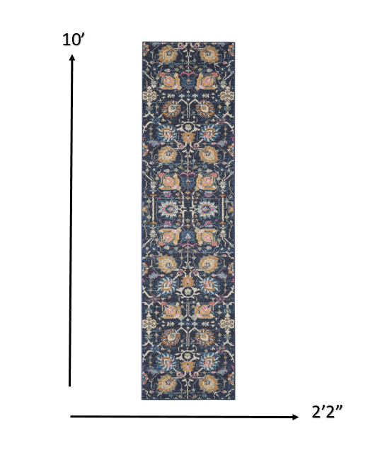 2’ x 10’ Navy Blue Floral Buds Runner Rug