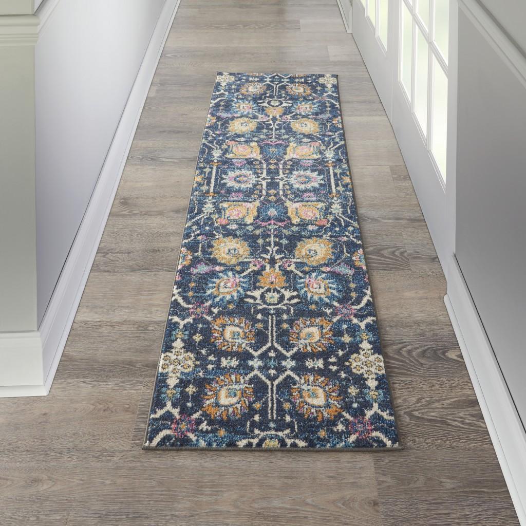 2’ x 8’ Navy Blue Floral Buds Runner Rug