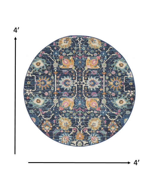 4’ Round Navy Blue Floral Buds Area Rug