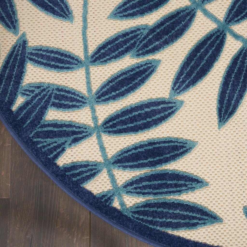 5’ Round Navy and Beige Leaves Indoor Outdoor Area Rug