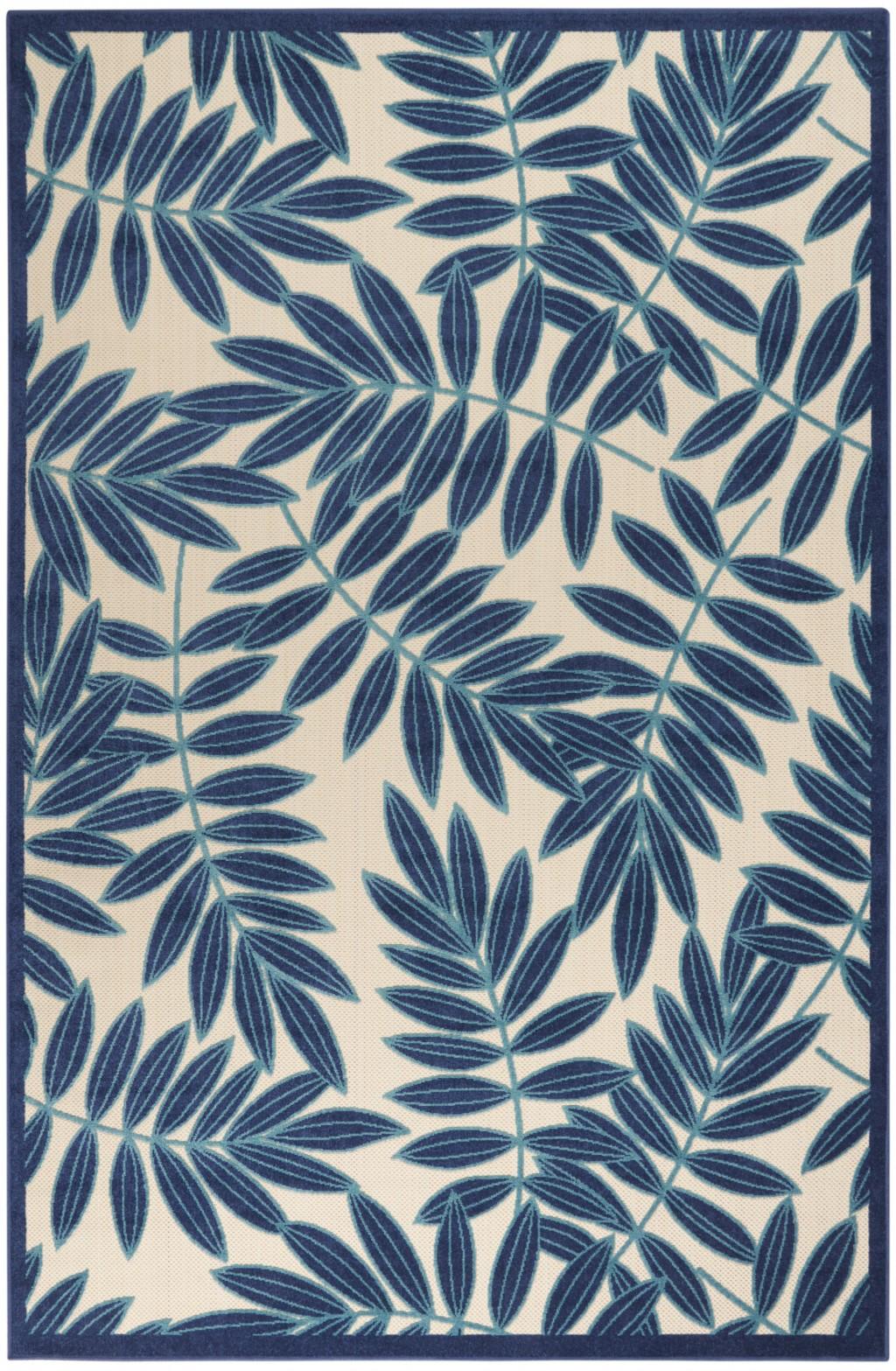 6’ x 9’ Navy and Beige Leaves Indoor Outdoor Area Rug