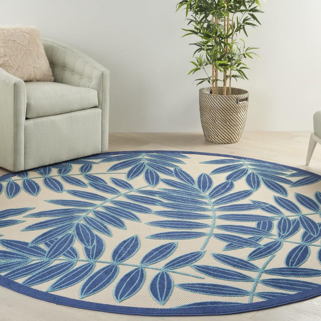 8’ Round Navy and Beige Leaves Indoor Outdoor Area Rug