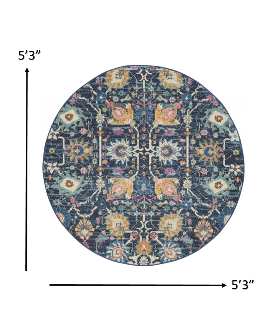 5’ Round Navy Blue Floral Buds Area Rug