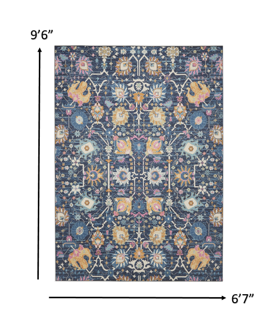 7’ x 10’ Navy Blue Floral Buds Area Rug
