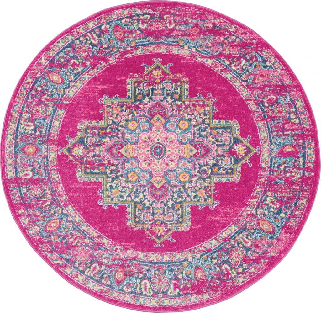 4’ Round Fuchsia and Blue Distressed Area Rug Default Title
