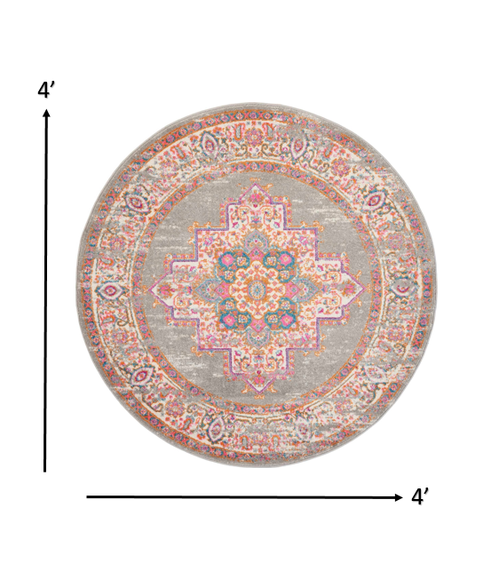 4’ Round Gray and Gold Medallion Area Rug