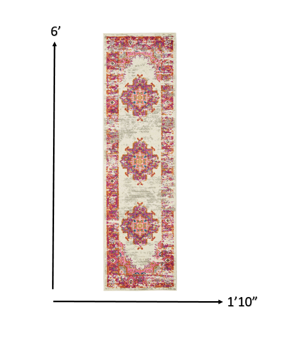 2’ x 6' Ivory and Fuchsia Distressed Runner Rug