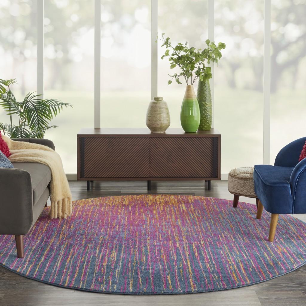 8’ Round Rainbow  Abstract Striations Area Rug