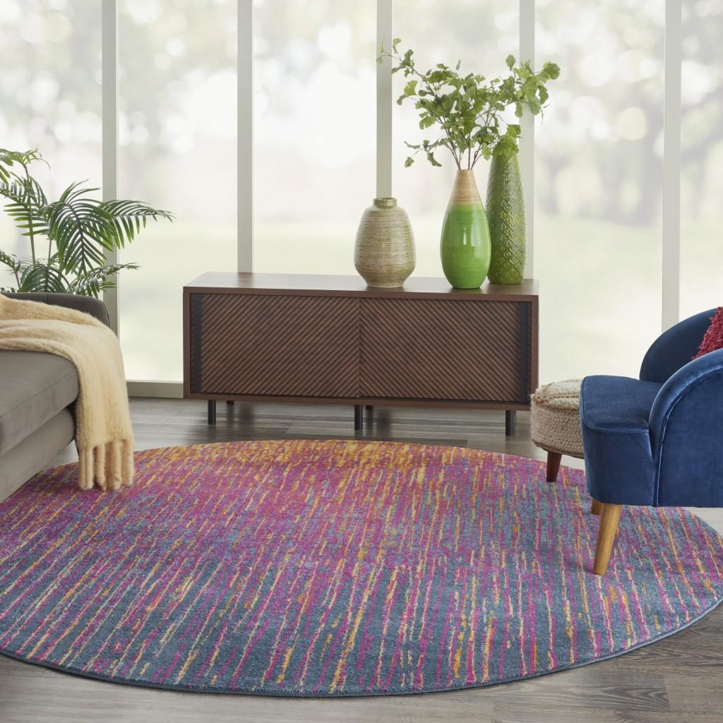8’ Round Rainbow  Abstract Striations Area Rug