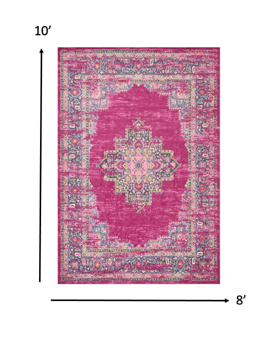 8’ x 10’ Fuchsia and Blue Distressed Area Rug