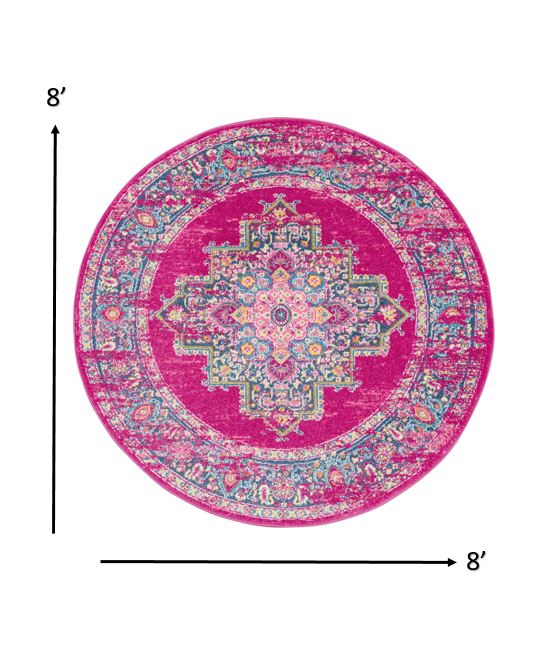 8’ Round Fuchsia and Blue Distressed Area Rug