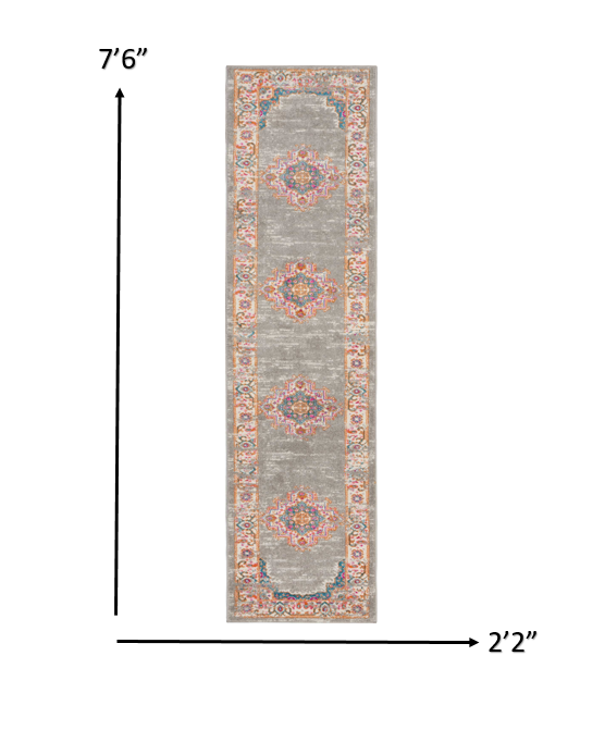 2’ x 8’ Gray and Gold Medallion Runner Rug