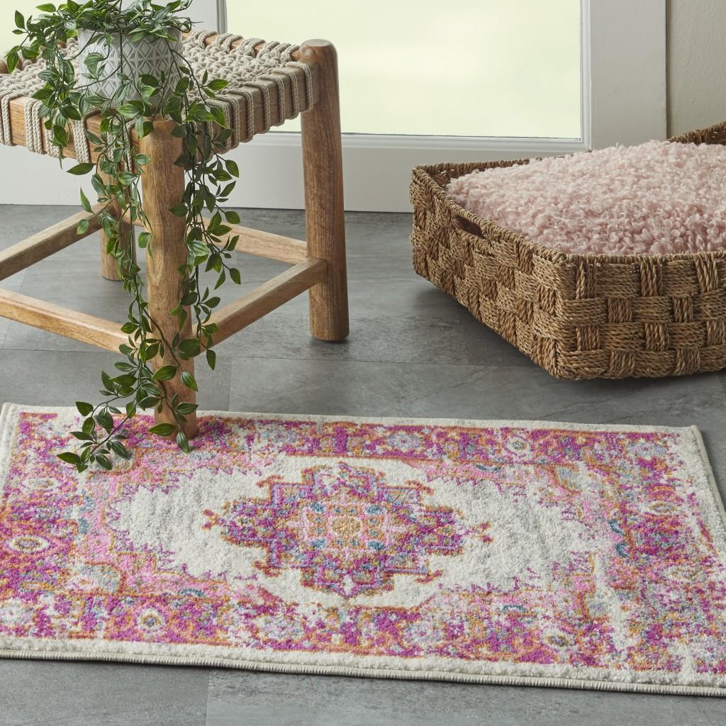 2’ x 3' Ivory and Fuchsia Distressed Scatter Rug