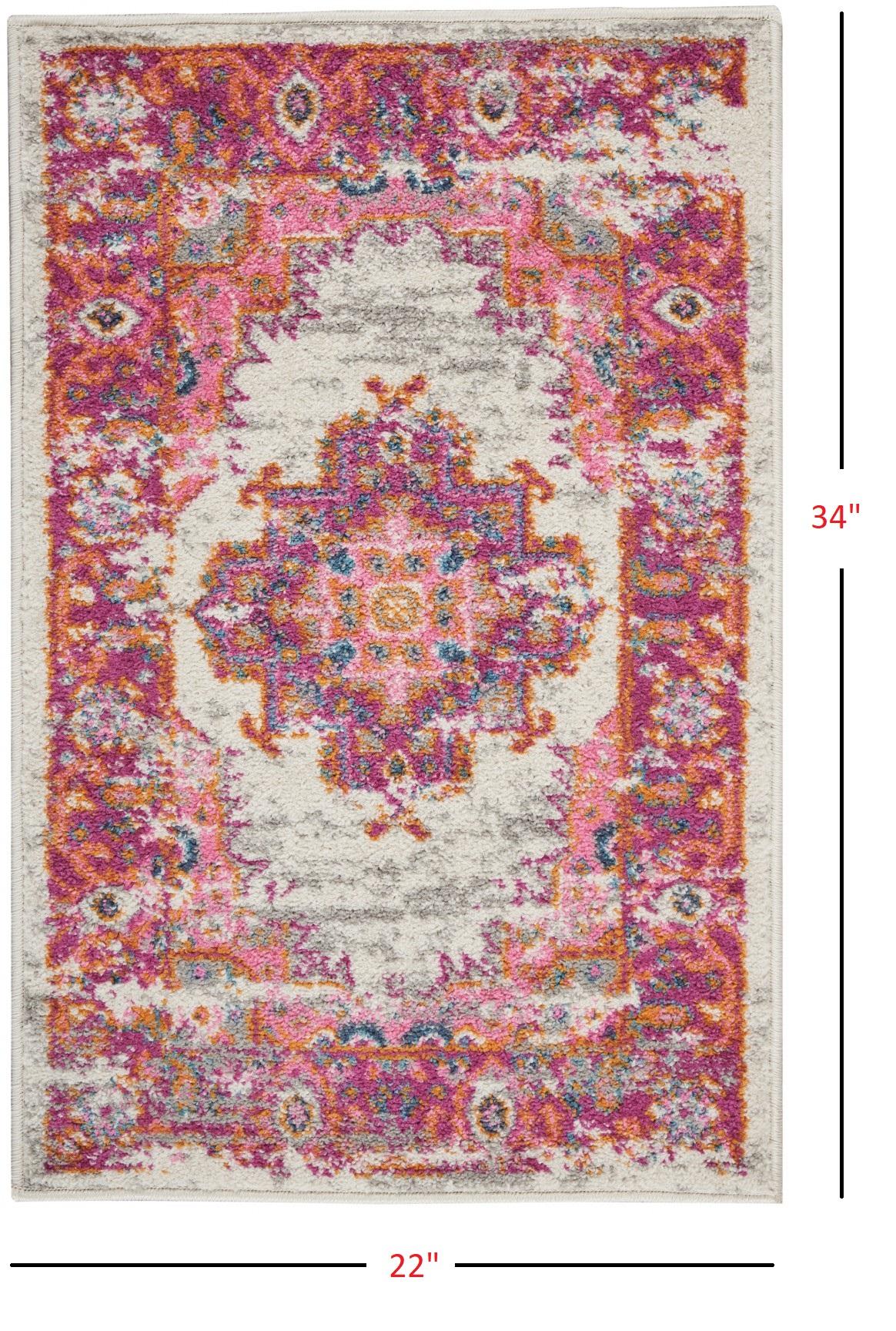 2’ x 3' Ivory and Fuchsia Distressed Scatter Rug