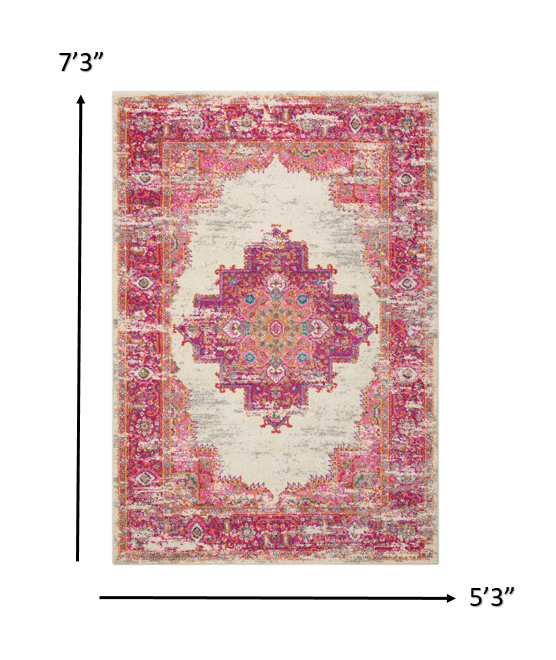 5’ x 7' Ivory and Fuchsia Distressed Area Rug