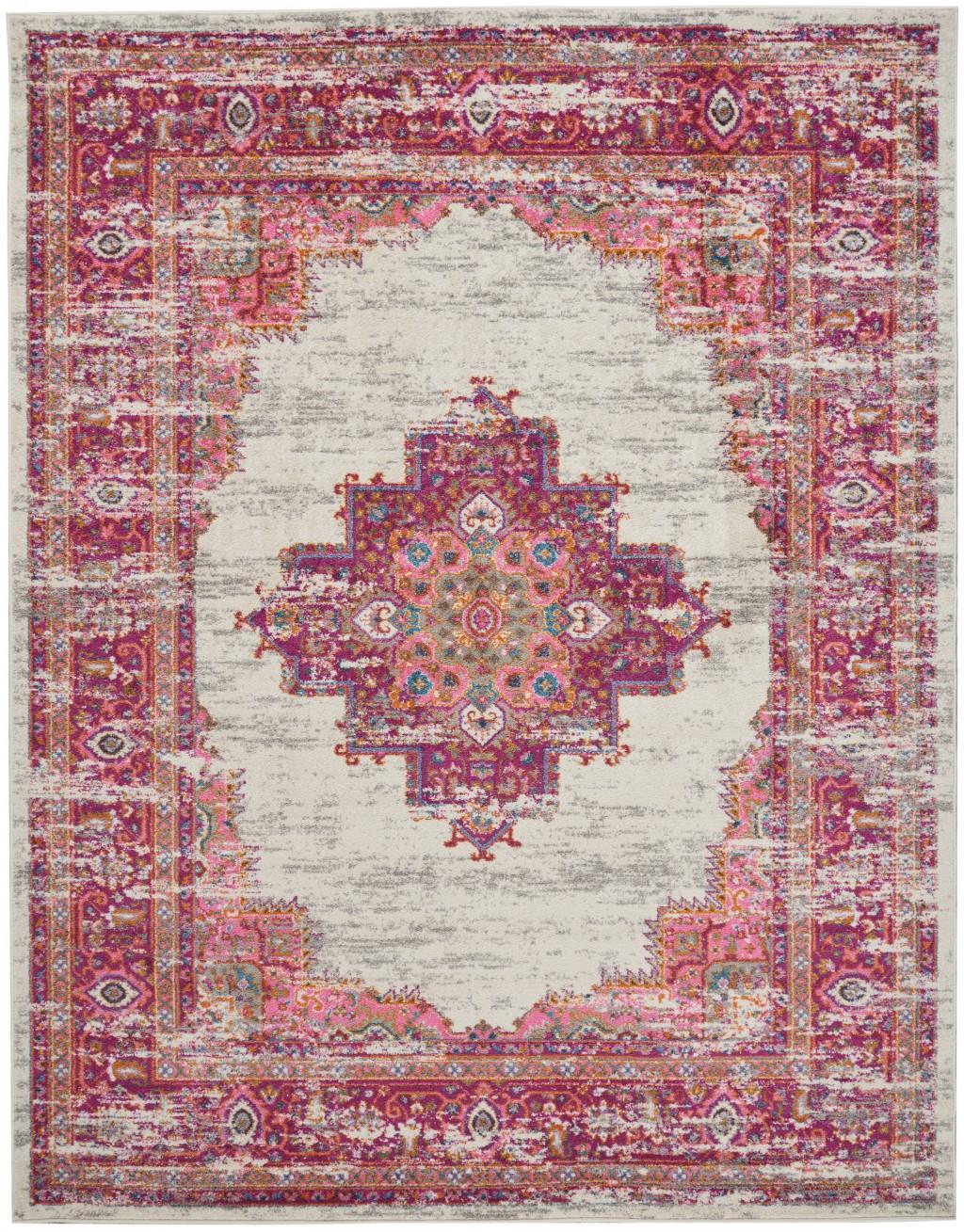 7’ x 10' Ivory and Fuchsia Distressed Area Rug Default Title