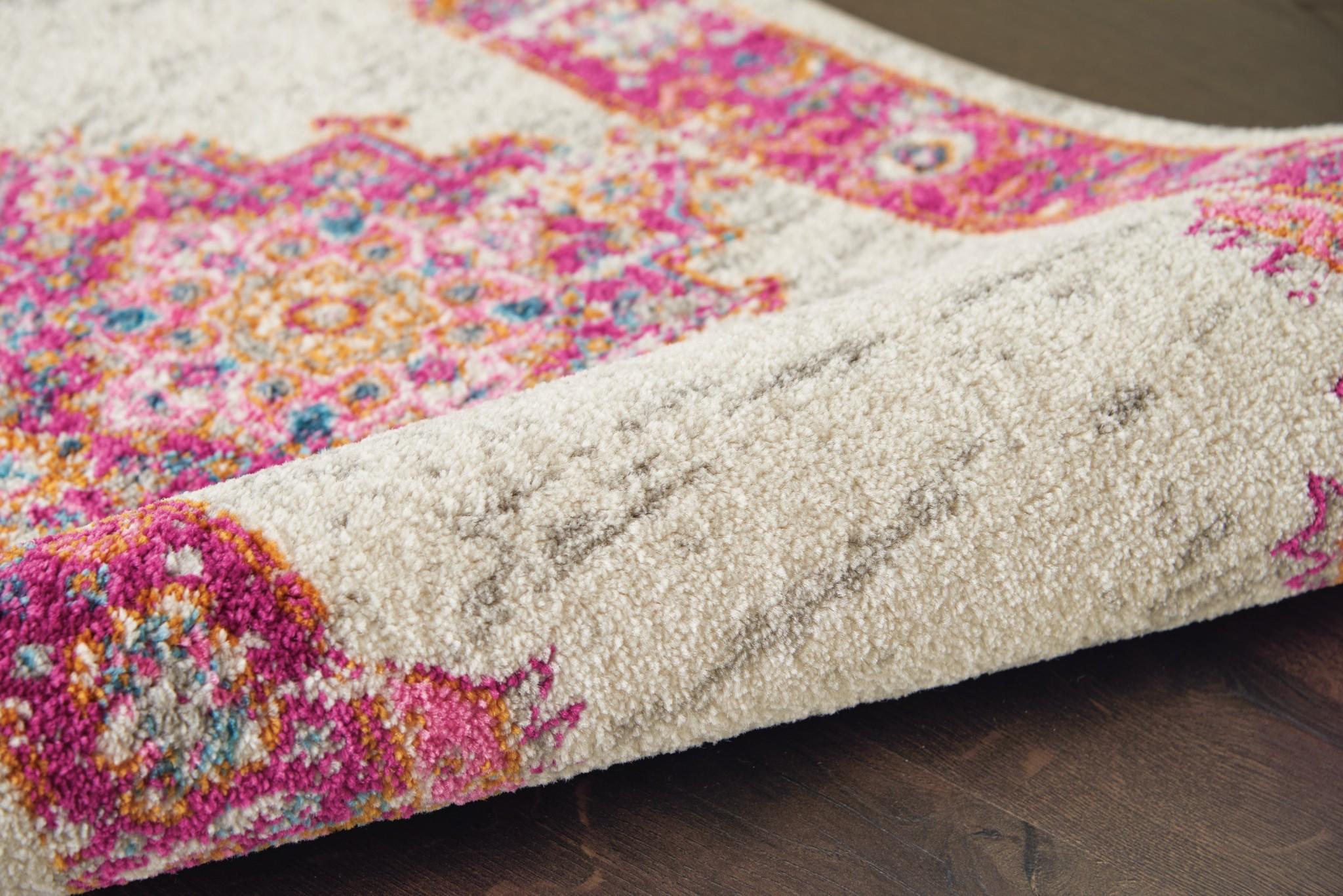 7’ x 10' Ivory and Fuchsia Distressed Area Rug